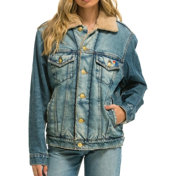 Aviator Nation Blue Denim Jacket with Sherpa Collar - Picture 1 of 10